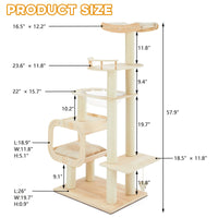 Modern Heavy-Duty No-Drill Cat Tree-Solid Wood Multi-Story Board, 4-Story Multi-Column Cat Tower, 57.9in For Multi-Cat H