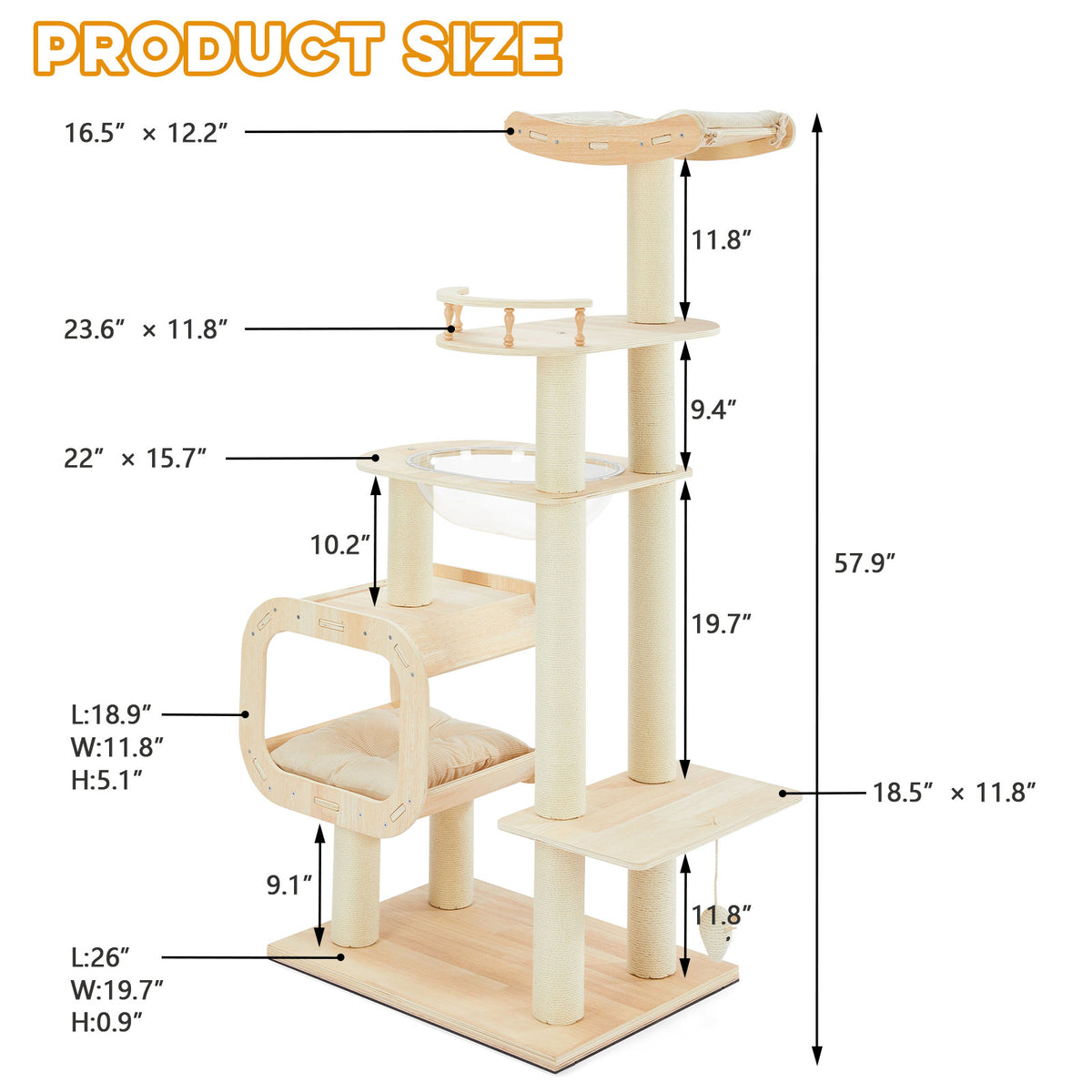 Modern Heavy-Duty No-Drill Cat Tree-Solid Wood Multi-Story Board, 4-Story Multi-Column Cat Tower, 57.9in For Multi-Cat H