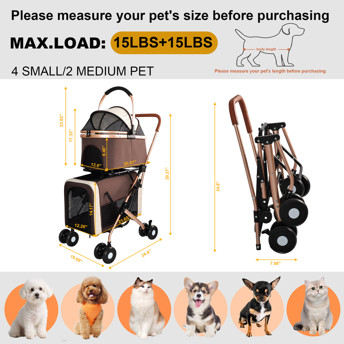 3-in-1 Double Pet Stroller For Small Medium Dogs Cats, Foldable Frame Convertible Pet Carrier Tote, Shockproof Wheels Wi