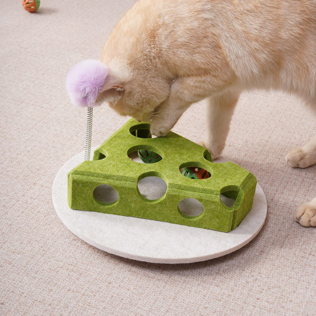 Cat Puzzle Toy With Ball And Spring-loaded Wand Felt Indoor Cat Toy Box Suction Cup Base Treat Puzzle Helps Cats Play In