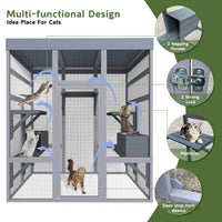 62.6" Wooden Outdoor Catio for Cats, Large Cat Enclosure with Waterproof Roof, 2 Napping House, Platforms & Galvanized W