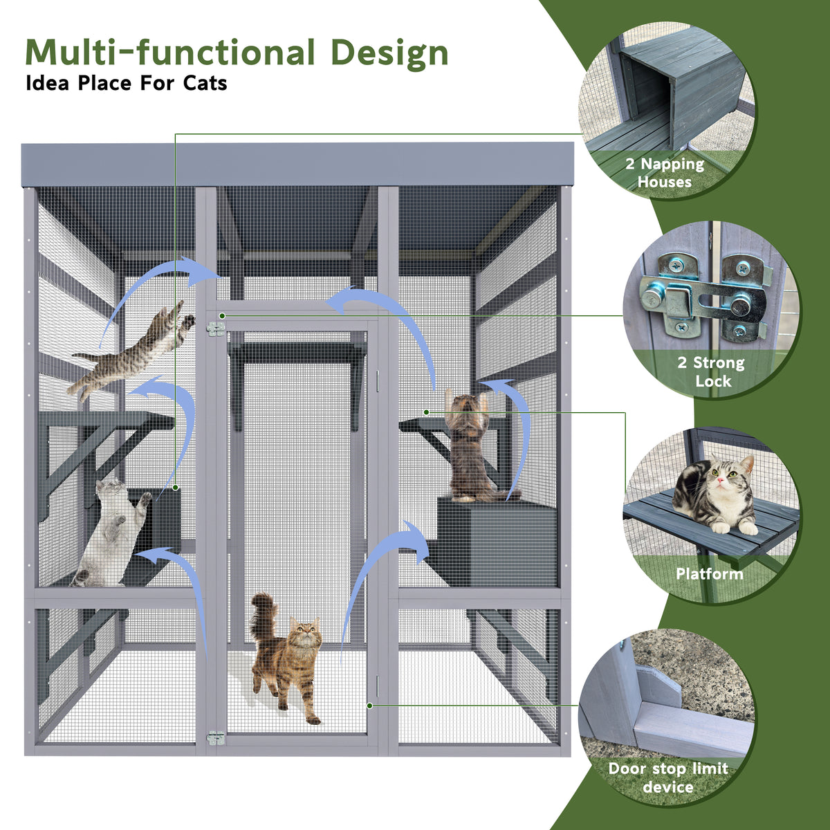62.6" Wooden Outdoor Catio for Cats, Large Cat Enclosure with Waterproof Roof, 2 Napping House, Platforms & Galvanized W