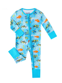 PoshTOT Little Sea turtle Bamboo Baby Convertible Zippy Romper