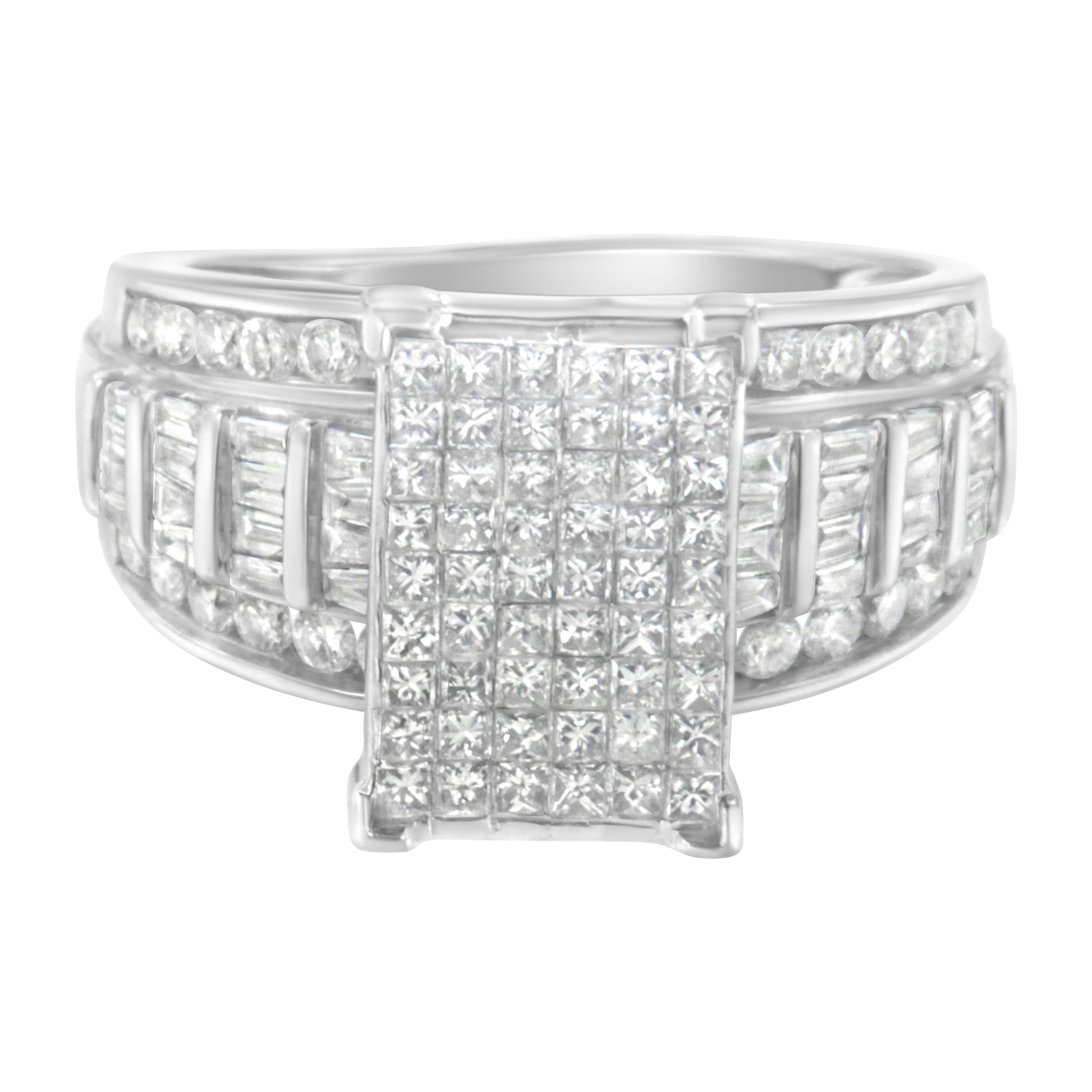 14K White Gold 2.0 Cttw Mixed-Cut Diamond Rectangle Invisible-Set Composite Cluster Ring with Bar- and Channel-Set Band (H-I Color, SI2-I1 Clarity) - Size 5