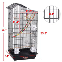 39"H Metal Bird Cage Large Roof Top Huge House for Small Birds, Black