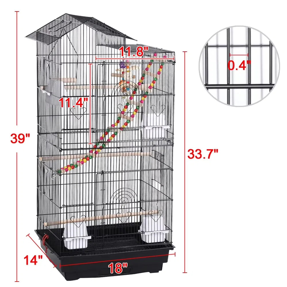 39"H Metal Bird Cage Large Roof Top Huge House for Small Birds, Black