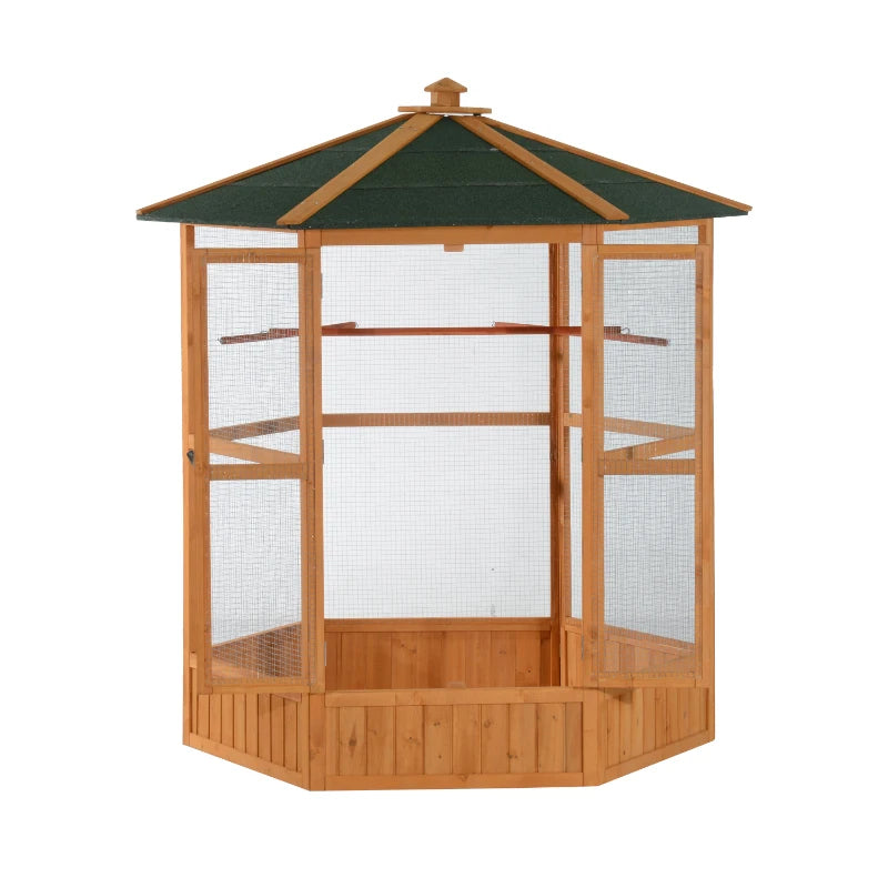 PawHut 69 Wooden Hexagonal Outdoor Aviary Flight Bird Cage With Covered Roof, BrownFor Multiple Packages, Please Pay Att
