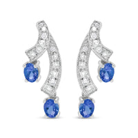 14K White Gold 4x3MM Oval Shaped Natural Blue Tanzanite Gemstone and 1/5 Cttw Diamond Double 3/4" Inch Drop Stud Earrings (H-I Color, VS1-VS2 Clarity)