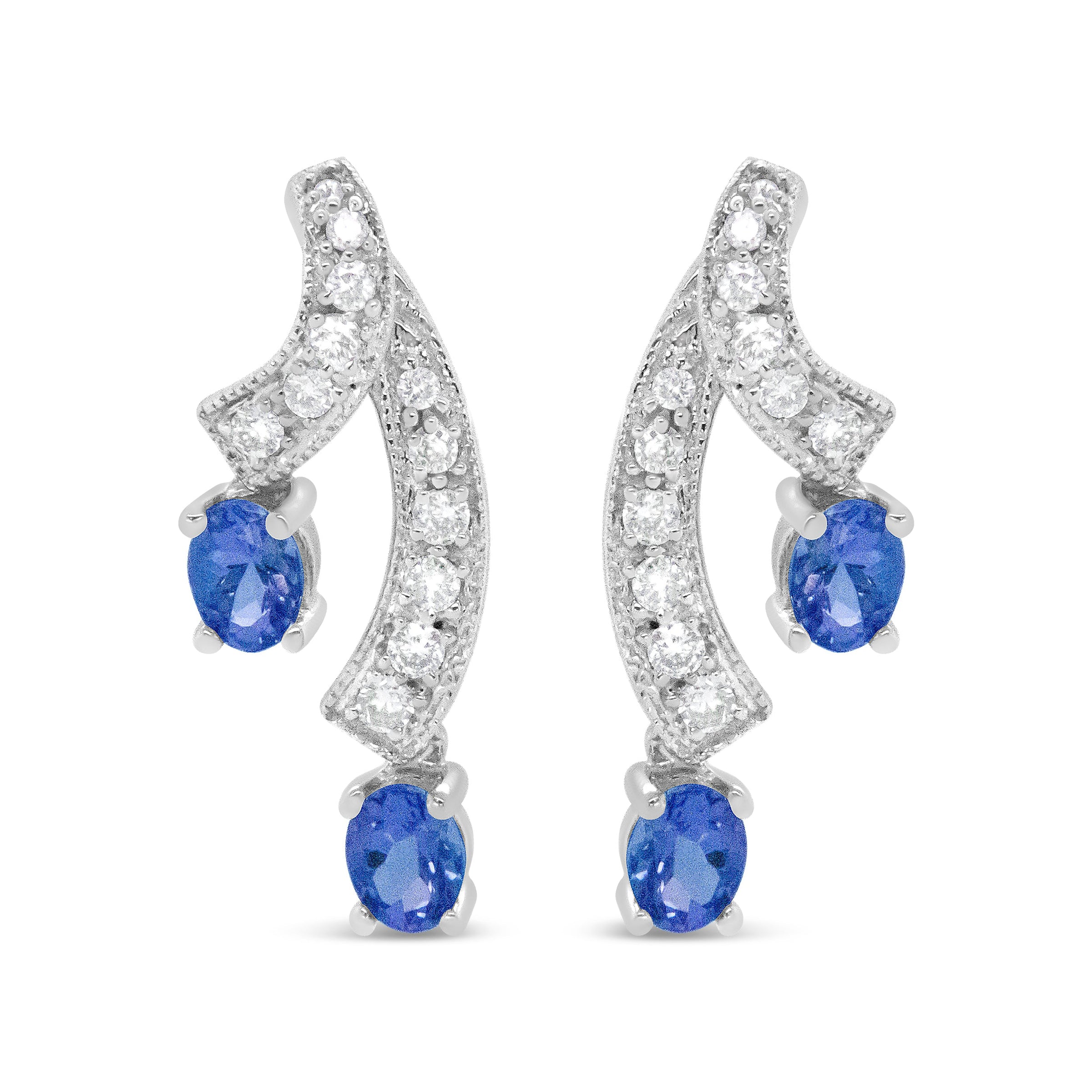 14K White Gold 4x3MM Oval Shaped Natural Blue Tanzanite Gemstone and 1/5 Cttw Diamond Double 3/4" Inch Drop Stud Earrings (H-I Color, VS1-VS2 Clarity)