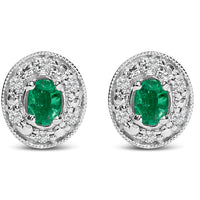 14K White Gold Oval Green Emerald and 1/10 Cttw Diamond Halo Stud Earrings  (I-J Color, I1-I2 Clarity)