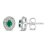 14K White Gold Oval Green Emerald and 1/10 Cttw Diamond Halo Stud Earrings  (I-J Color, I1-I2 Clarity)