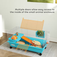 35"L Small Animal Cage, Rolling Bunny Cage, Guinea Pig Cage with Wheels, Food Dish, Water Bottle, Hay Feeder, Blue