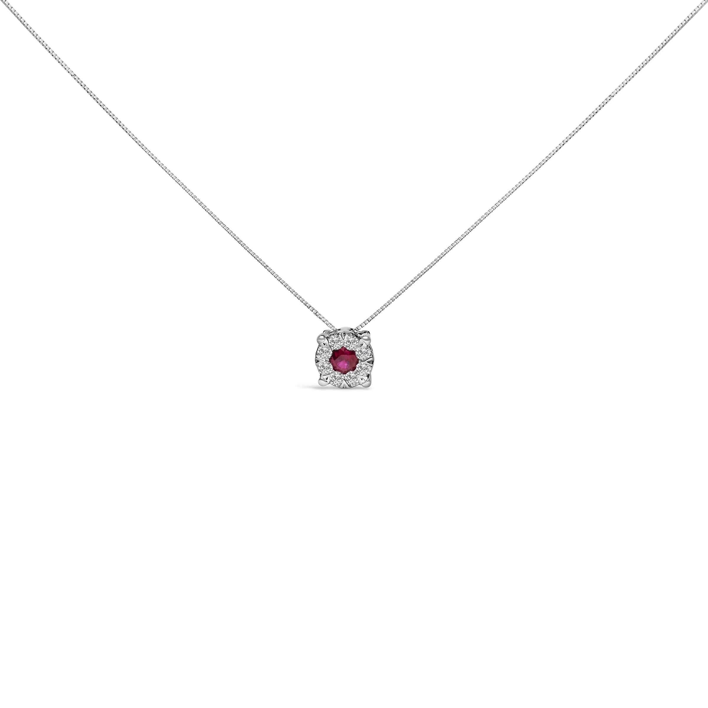 14K White Gold Red Ruby and 1/3 Cttw Diamond Halo Pendant Necklace