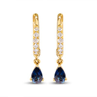 10K Yellow Gold Pear Blue Sapphire and 1/10 Cttw Diamond Drop and Dangle Huggy Hoop Earrings (H-I Color, I1-I2 Clarity)