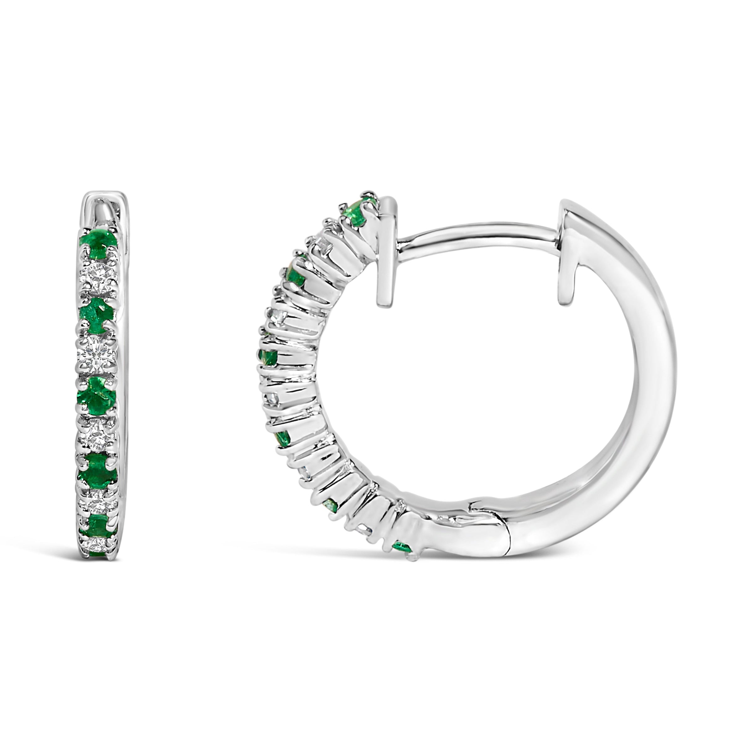 10K White Gold Alternating Emerald 1/10 Cttw Diamond Huggy Hoop Earrings (I-J Color, I1-I2 Clarity)