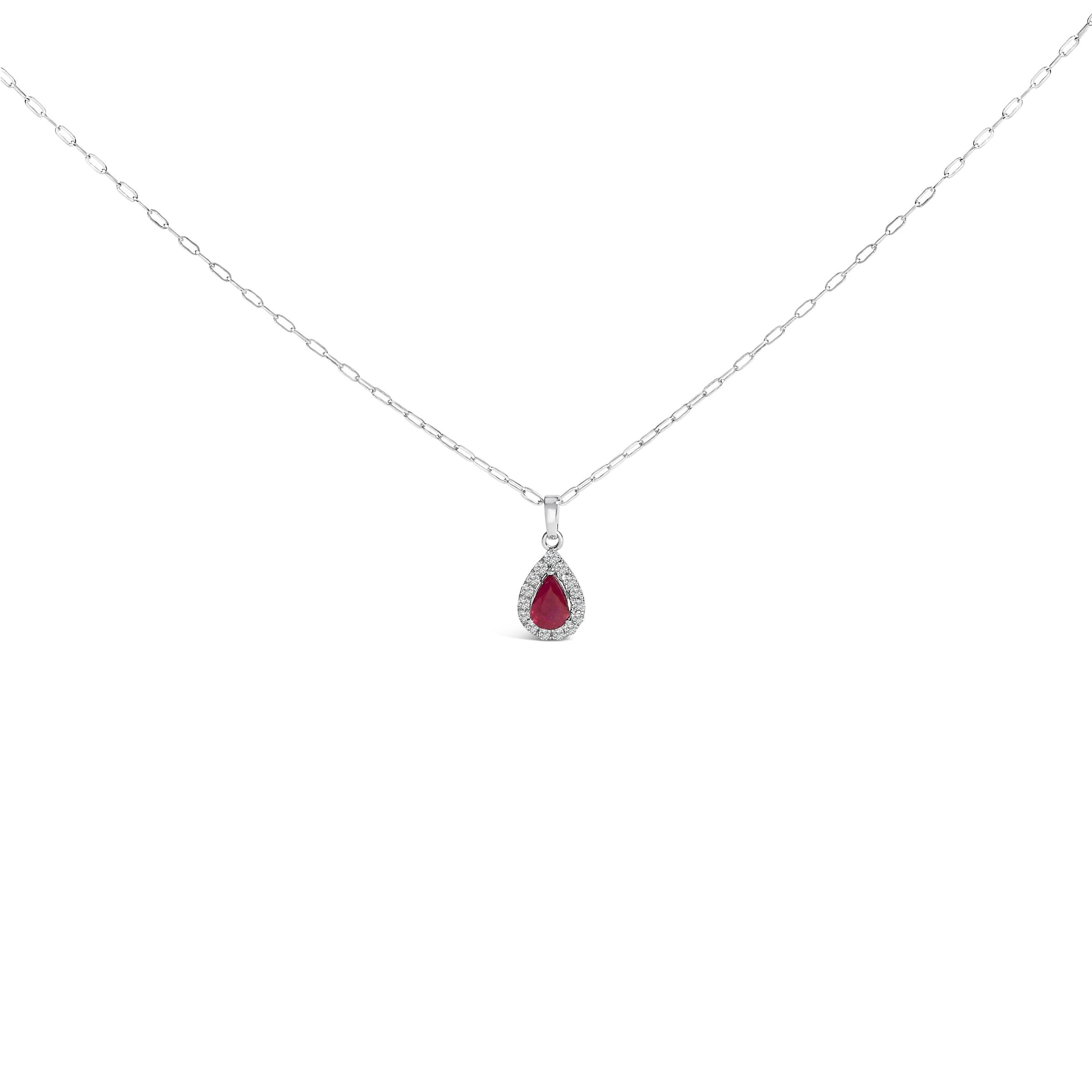 14K White Gold 6x4 Pear Red Ruby and Diamond Halo Pendant Necklace - 18" Inches