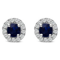 10K White Gold 3.25mm x 3.25mm Round Blue Sapphire and 1/10 Cttw Diamond Halo Stud Earrings (I-J Color, I1-I2 Clarity)