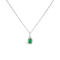 10K White Gold 5x3mm Green Emerald and Diamond Accent Halo Oval Shape 18" Pendant Necklace (I-J Color, I1-I2 Clarity)