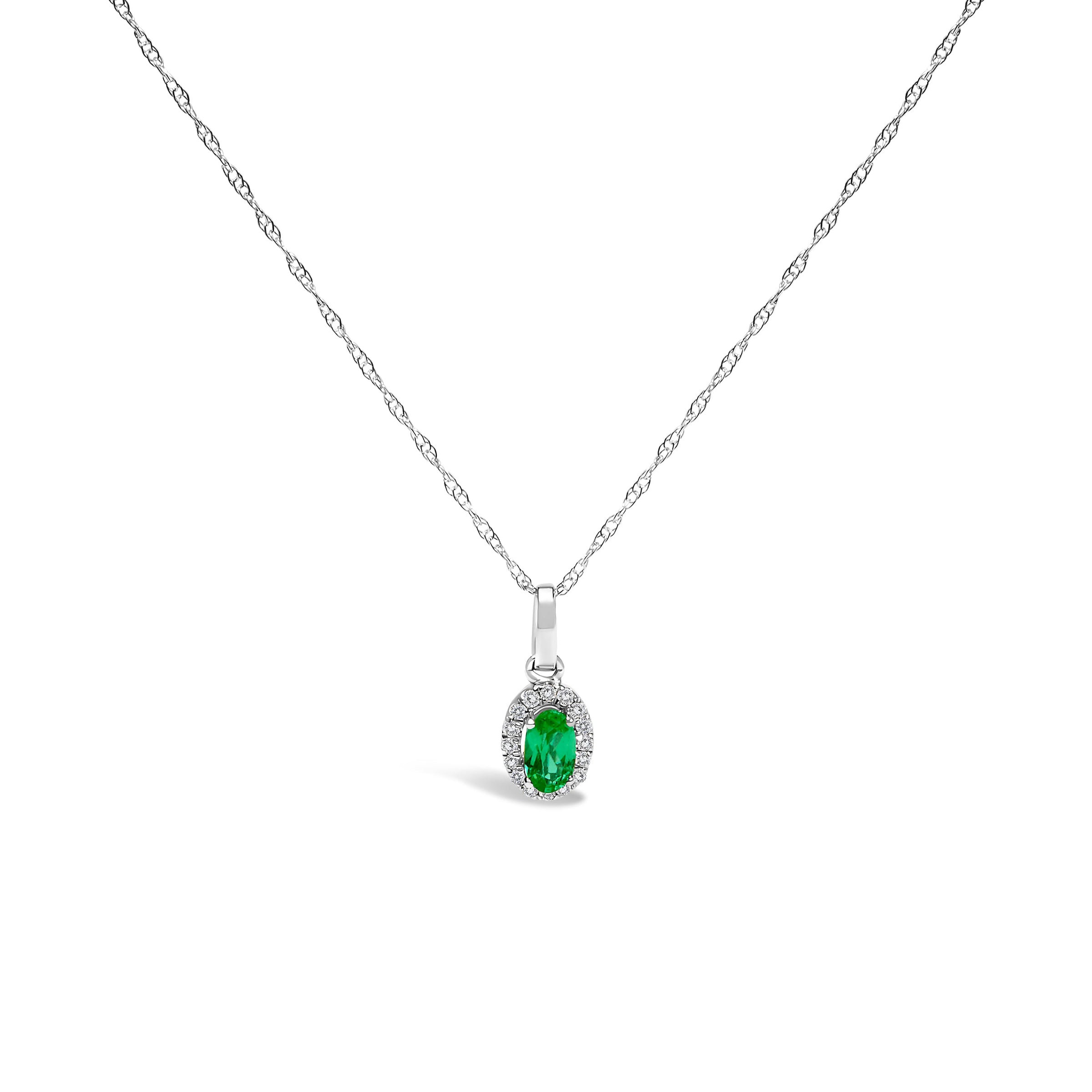 10K White Gold 5x3mm Green Emerald and Diamond Accent Halo Oval Shape 18" Pendant Necklace (I-J Color, I1-I2 Clarity)