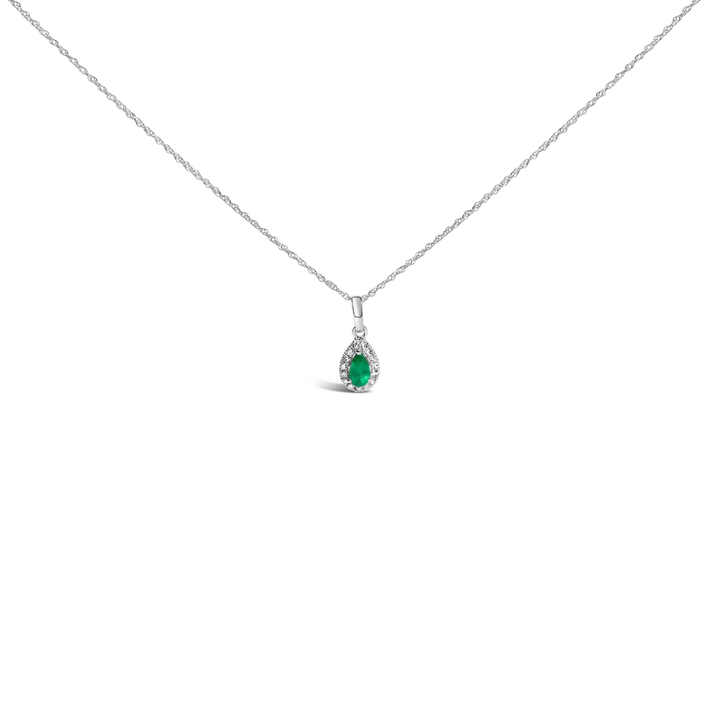 10K White Gold 5x3mm Green Emerald and Diamond Accent Halo Pear Shape 18" Pendant Necklace (I-J Color, I1-I2 Clarity)