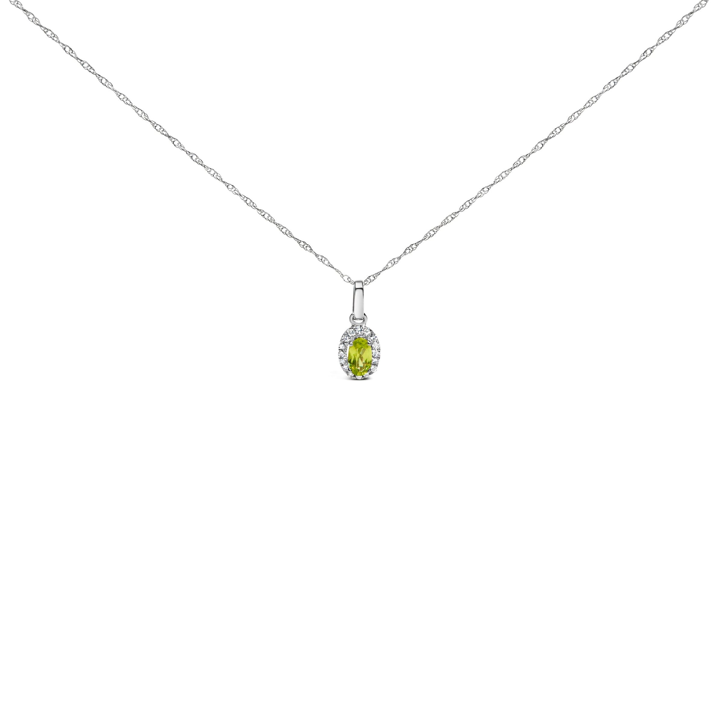10K White Gold 5x3mm Green Emerald and Diamond Accent Halo Oval Shape 18" Pendant Necklace (I-J Color, I1-I2 Clarity)