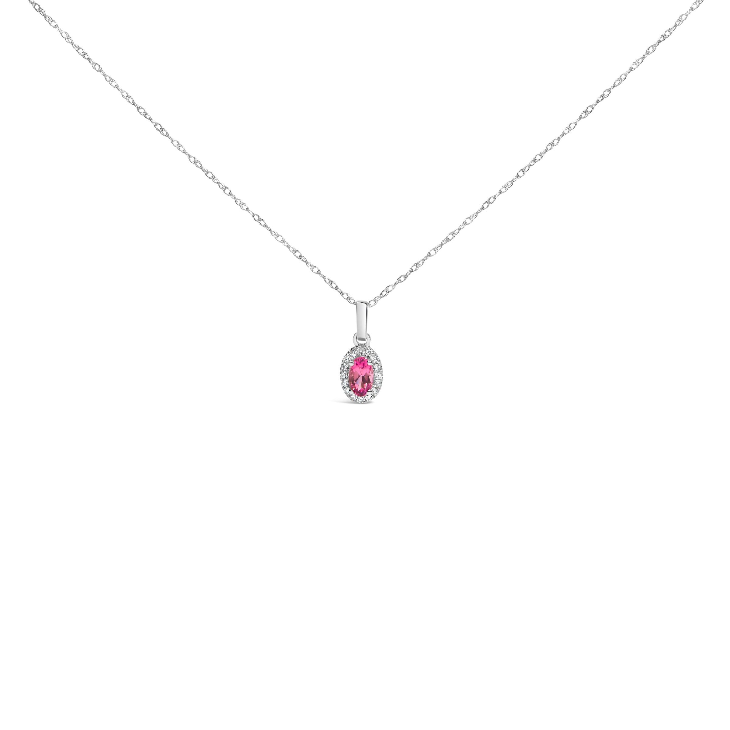 10K White Gold 5x3mm Green Emerald and Diamond Accent Halo Oval Shape 18" Pendant Necklace (I-J Color, I1-I2 Clarity)