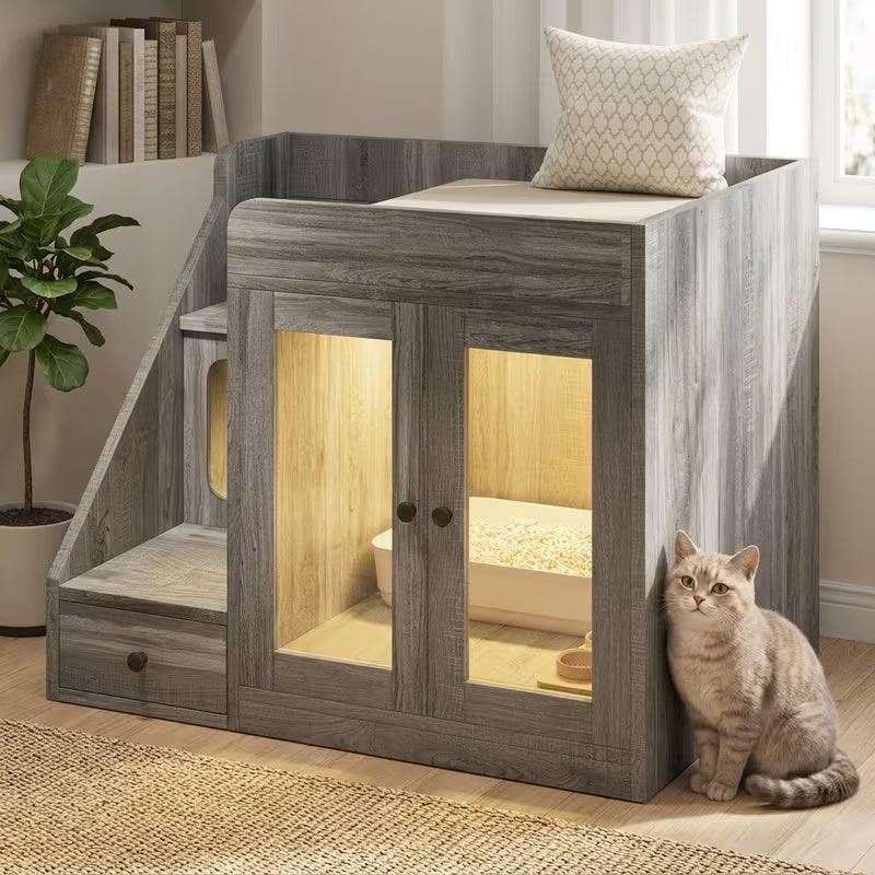 Litter Box Enclosure Cabinet with LED Light – 2-Drawer Cat House Side Table, White/Black/Gray