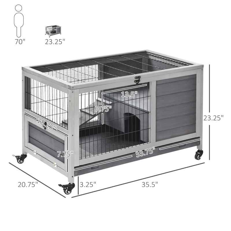 PawHut Indoor Rabbit Enclosure, Wooden Elevated Cage Habitat With Enclosed Run With Wheels - Ideal For Rabbits And Guine