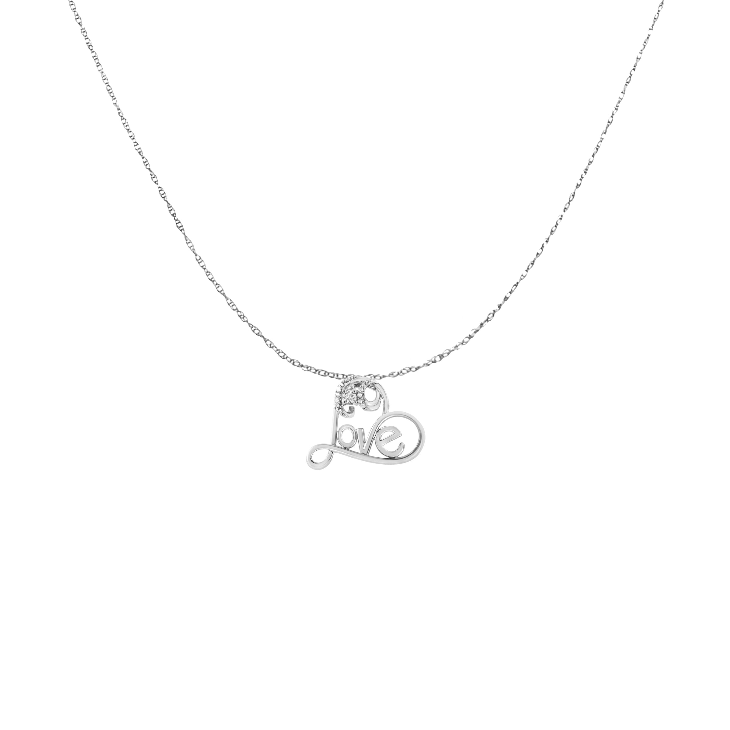 .925 Sterling Silver 1/10 Cttw Round Brilliant-Cut Diamond Accented Open Heart with Love 18" Pendant Necklace (H-I Color, I1-I2 Clarity)