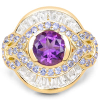 14K Yellow Gold Plated 3.93 Carat Genuine Amethyst, Tanzanite and White Topaz .925 Sterling Silver Ring