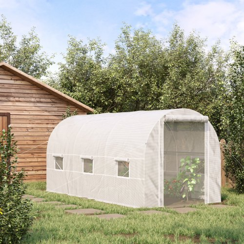 Outsunny 15 X 7 X 7 Walk-In Tunnel Greenhouse, Large Garden Hot House Kit With 6 Roll-up Windows & Roll Up Door, Steel F