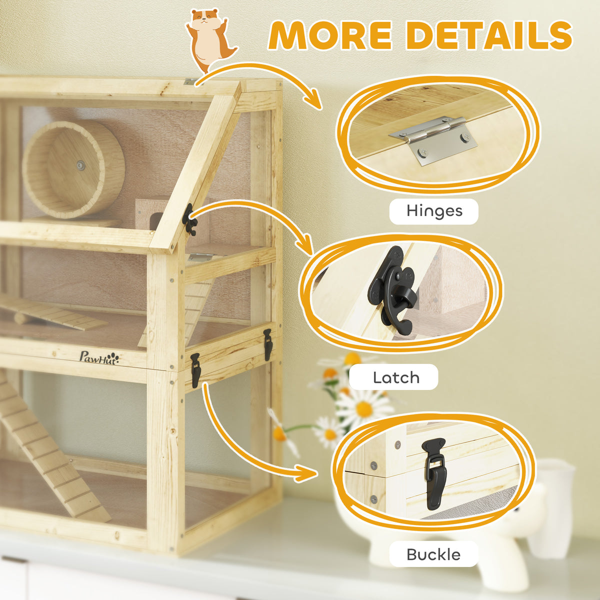 3 Tier Wooden Hamster Cage w/ Detachable Bottom, Hut, Seesaw, Exercise Wheel, Ramps, 24" x 16" x 29.5"