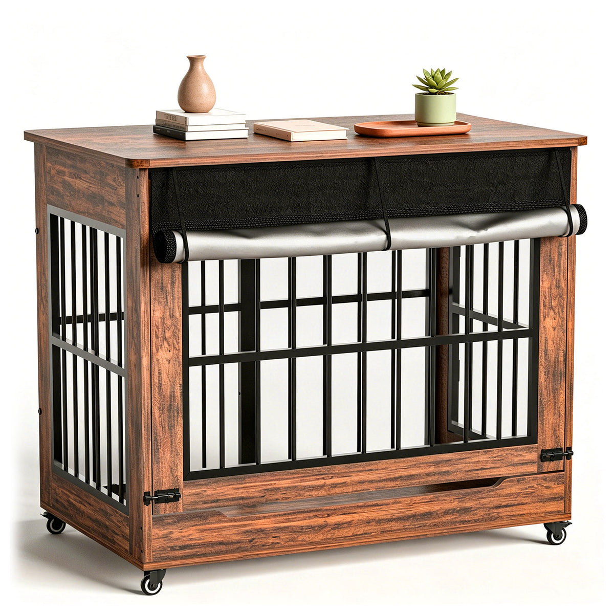 46in Large Dog Crate Furniture, Double Door Wooden Indoor Dog Kennel Furniture, Decorative Pet Cage End Table With Wheel