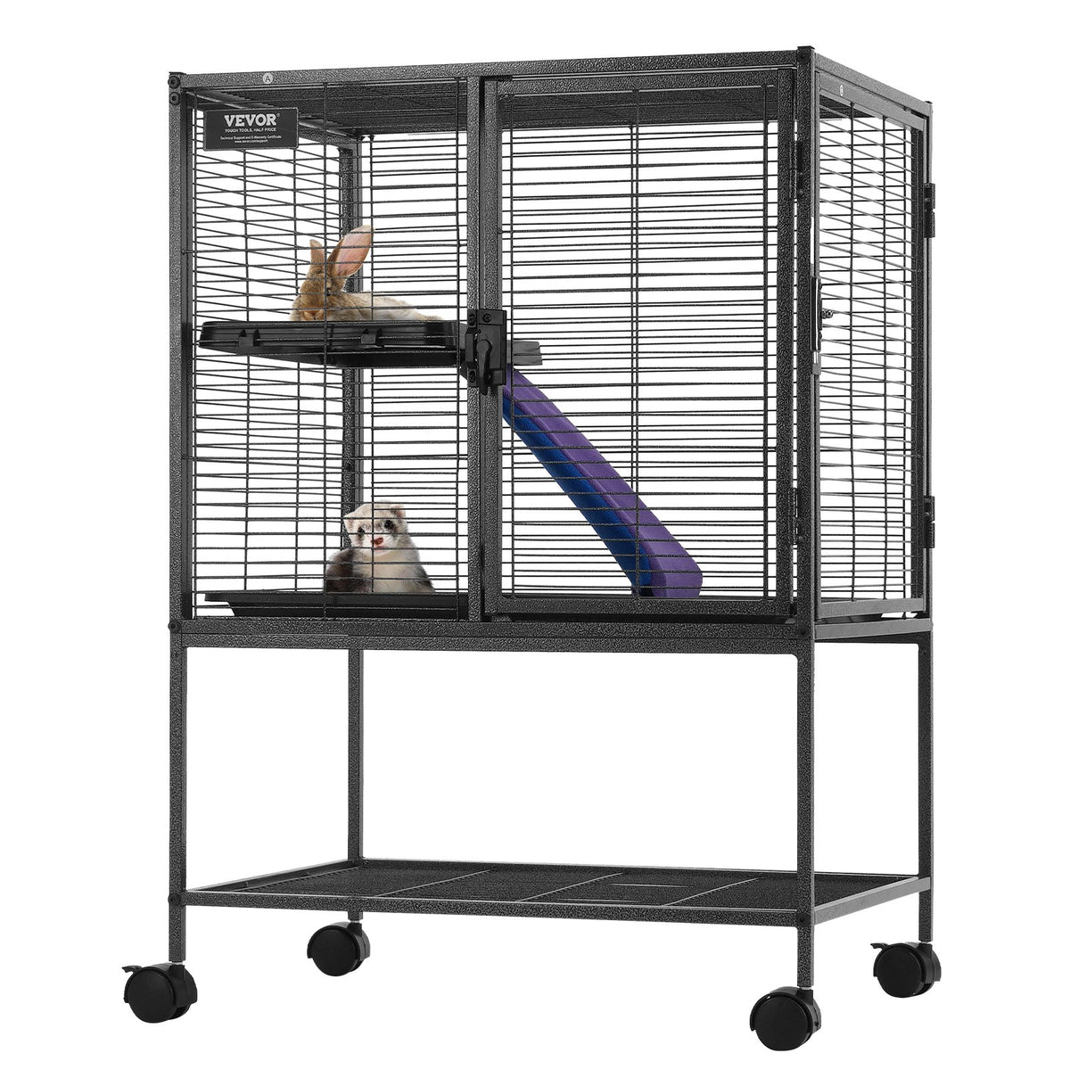 34' Metal Small Animal Cage 2-Tier Rolling Ferret Cage With Tray A Ramp
