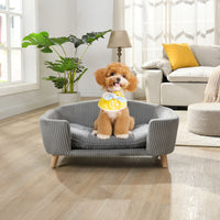 Elevated Dog Bed Frame for Small Dog, Corduroy Pet Couch Bed with Rubber Wood Legs and Supportive Foam, Grey, Easy Assem