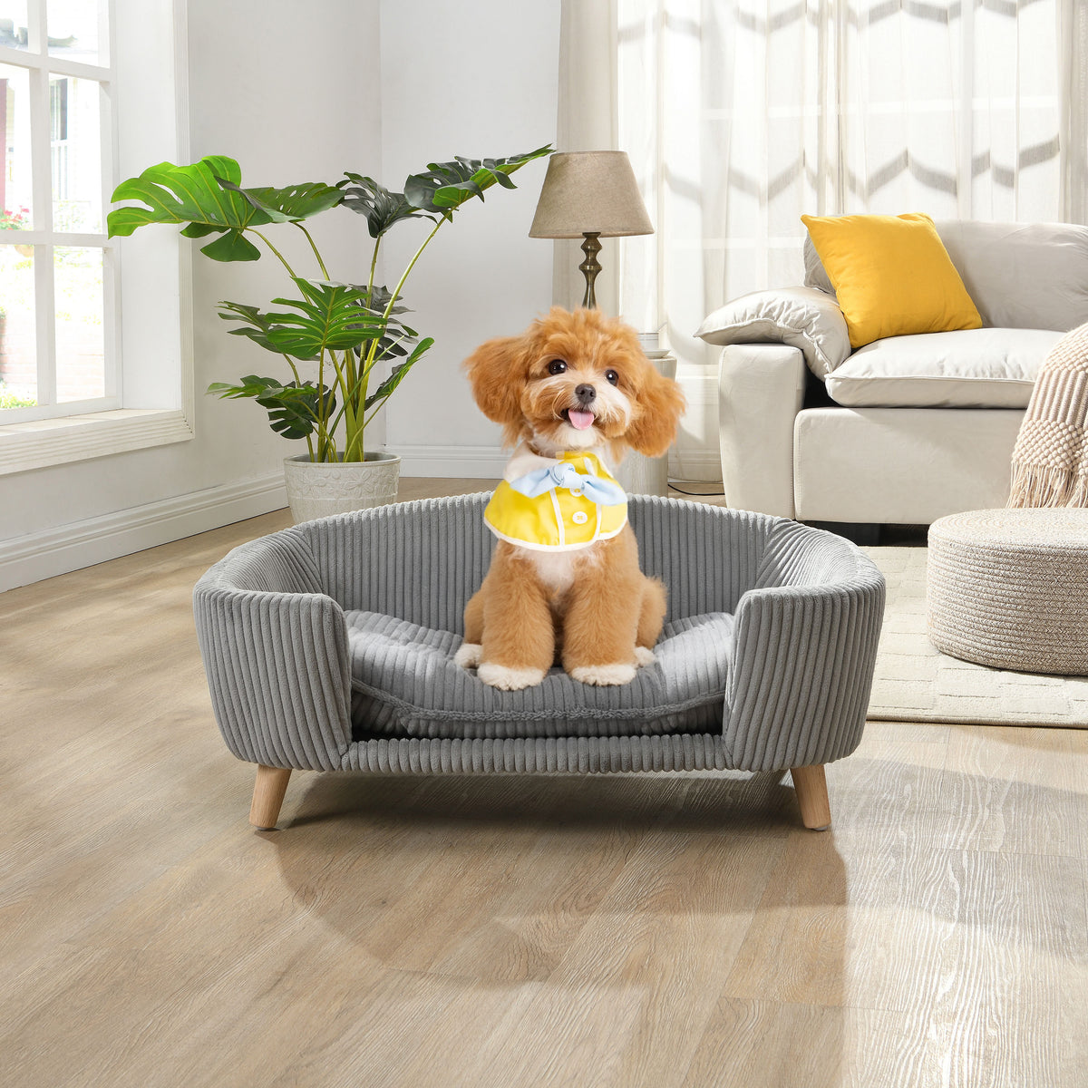 Elevated Dog Bed Frame for Small Dog, Corduroy Pet Couch Bed with Rubber Wood Legs and Supportive Foam, Grey, Easy Assem