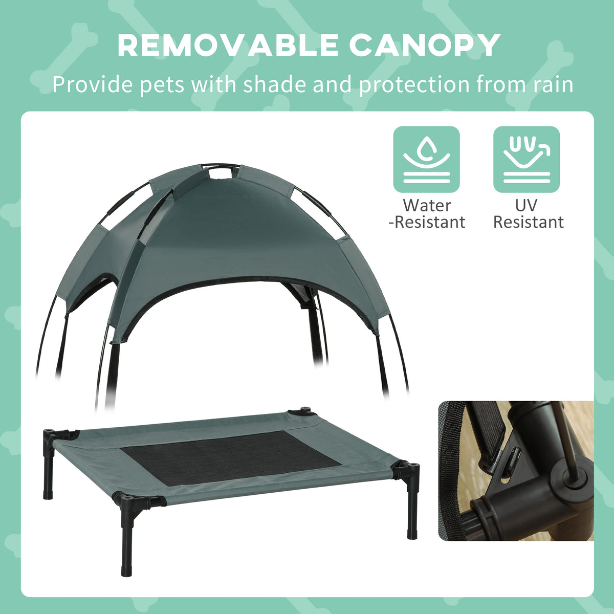 Elevated Dog Bed with Removable Canopy, Outdoor Dog Cot with UV Protection Canopy Shade, 24 inch Pet Bed for Camping, Gr