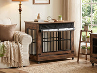 46in Large Dog Crate Furniture, Double Door Wooden Indoor Dog Kennel Furniture, Decorative Pet Cage End Table With Wheel