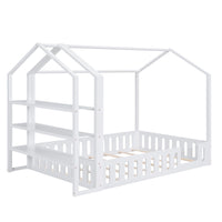 Full Size Wood House Bed with Fence and Detachable Storage Shelves, White