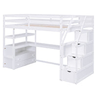 Twin Size Loft Bed with Desk and Shelves  Two Built-in Drawers  Storage Staircase White
