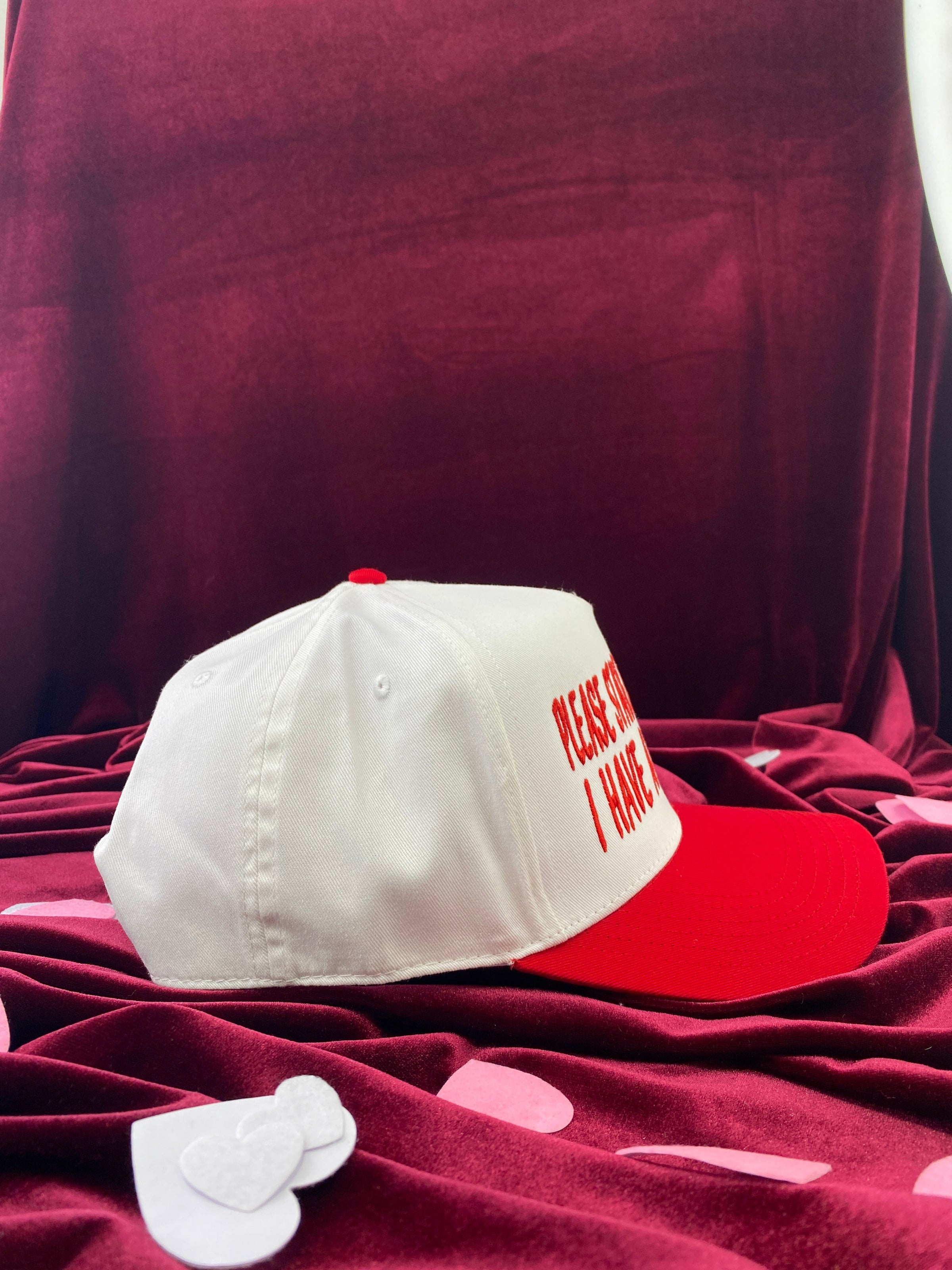 PLEASE STAY AWAY FROM ME I HAVE A GIRLFRIEND White/red Midcrown Snapback Custom Embroidered Cap Hat