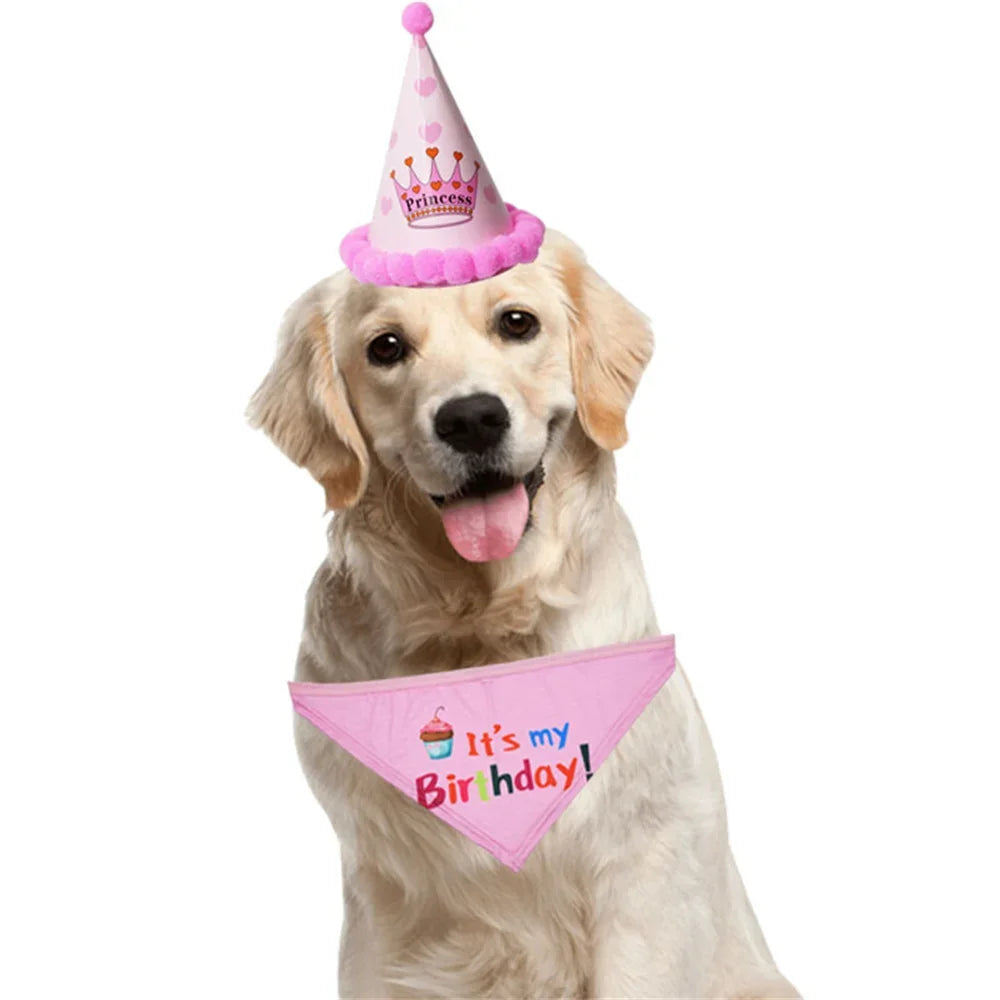 2Pcs/Set Dog Hat Bib Dog Birthday Bandana Scarf Adjustable Bandana Neckerchief Cat Dog Birthday Bib Hat Pet Supplies