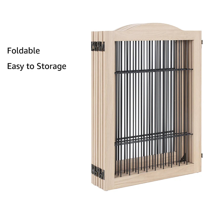 6-Panel Freestanding Solid Wood Dog Gate with Lockable Door, 132"L x 31.5"H – Foldable Pet Gate & Playpen, No Wall Mounting Required