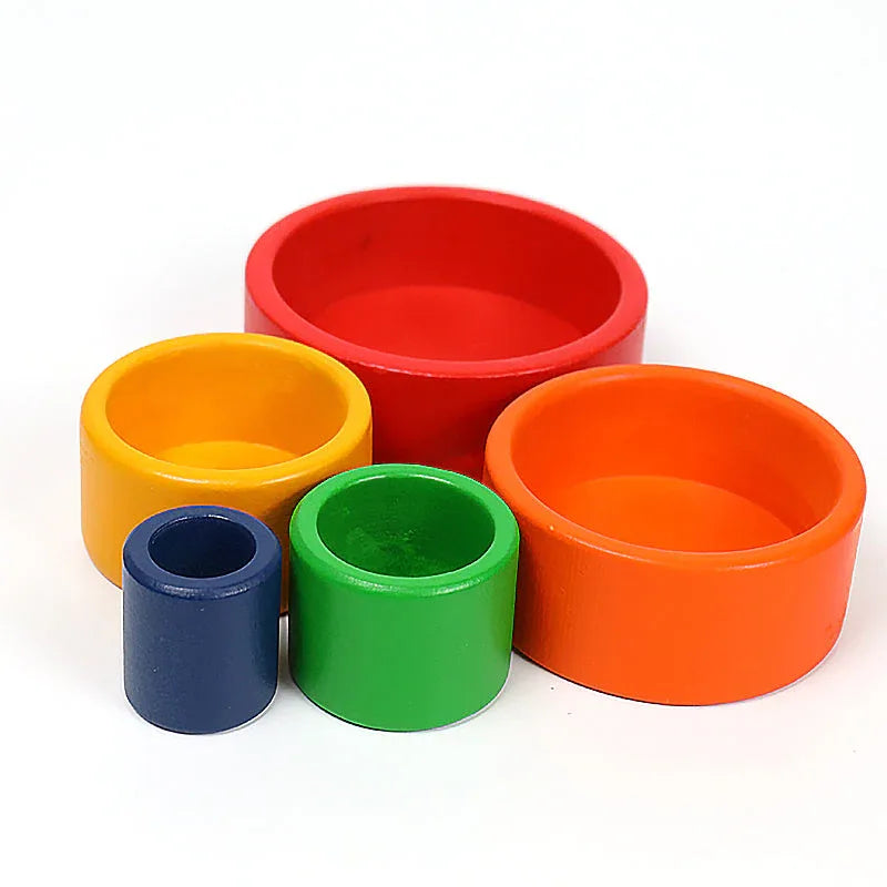 5 Pcs Wooden Stacking Nesting Cup Bowl Set in Primary Rainbow Color - BIG FRENCHIES