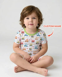 Construction Vehicles Custom Name Bamboo Two Piece Short Sleeve Shorts Pajama Set