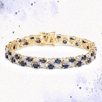 14K Yellow Gold Plated 12.53 Carat Genuine Blue Sapphire and White Diamond .925 Sterling Silver Bracelet