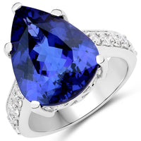 11.40 Carat Genuine Tanzanite and White Diamond 18K White Gold Ring
