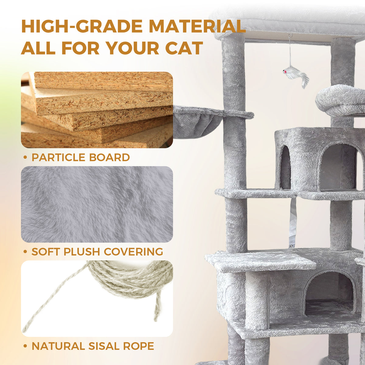 68in Tall Multi-Level Green Cat Tree with Hammocks, Hanging Basket, Cat Cave, Removeable Cushion, Scratching Posts - Plu
