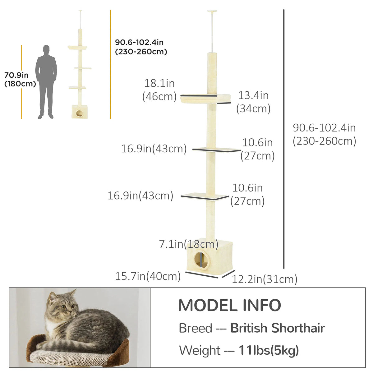 Floor to Ceiling Cat Tree with Scratching Post for Indoor Cats, Adjustable Height Cat Tower (91-102 Inches) with House, 