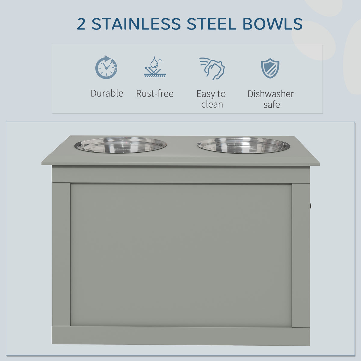 Raised Pet Feeding Storage Station with 2 Stainless Steel Bowls Base for Large Dogs and Other Large Pets, Gray